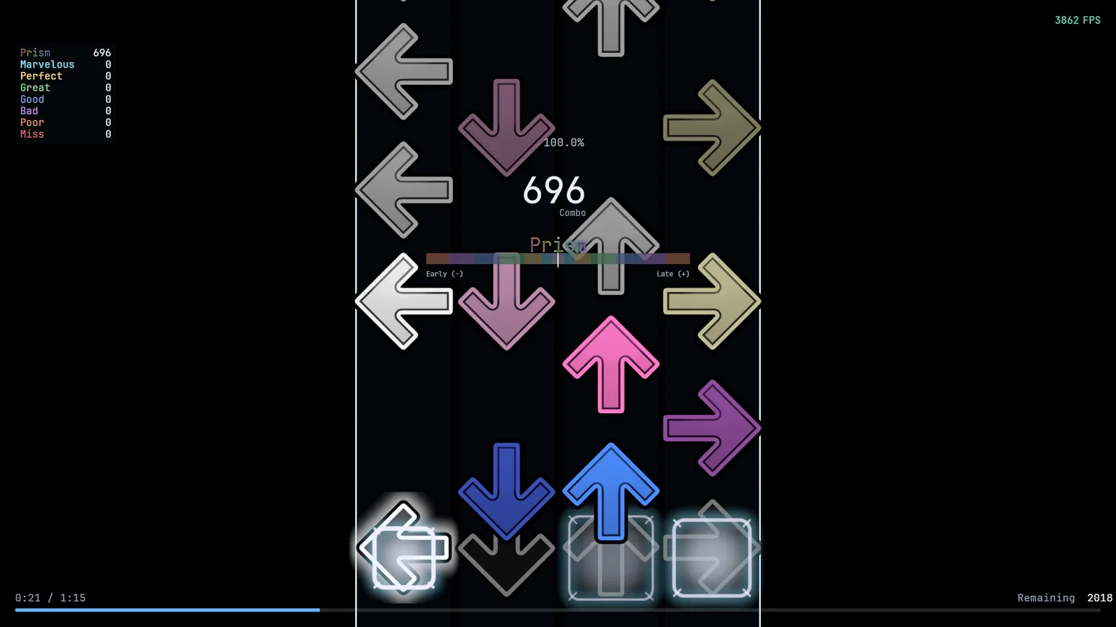 A play in progress with the HUD: accuracy, combo and progress bar