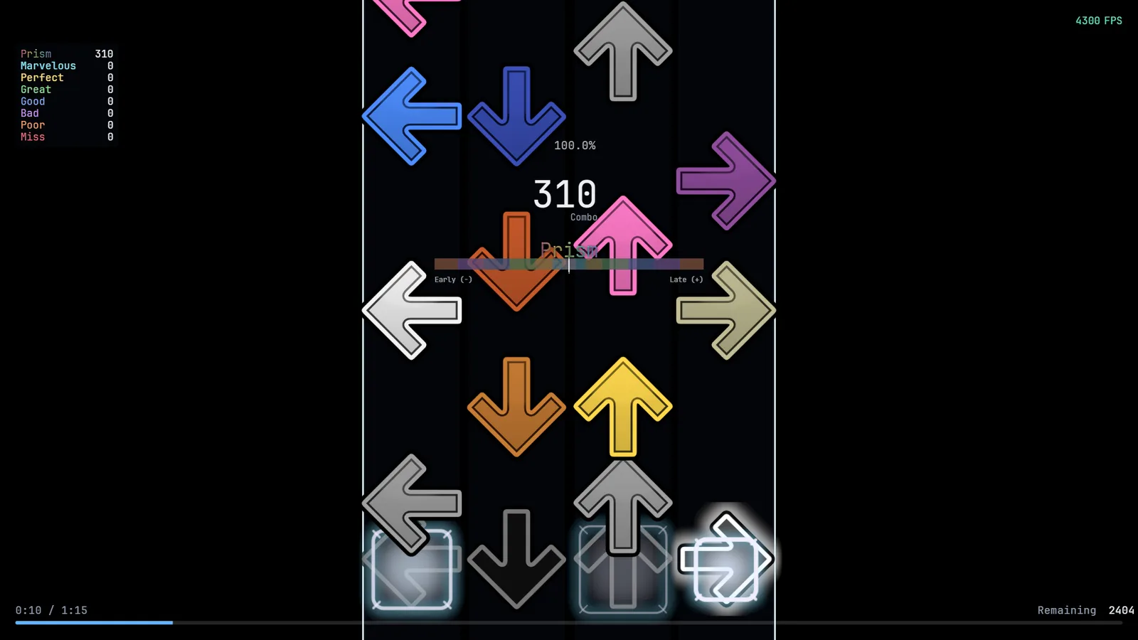 A play with the HUD: notes falling on the playfield, accuracy, combo and progress bar