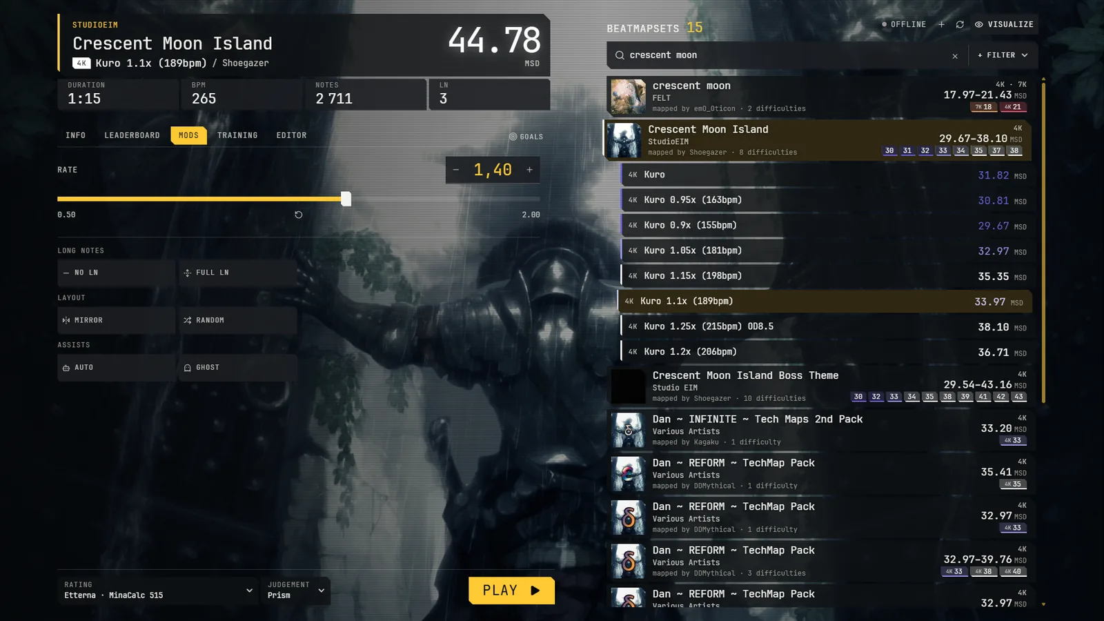The Mods tab of the selection screen: rate and chart modifiers