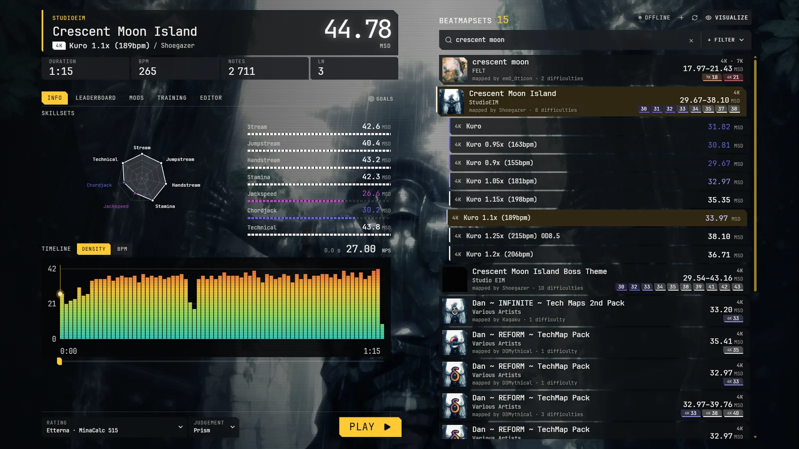 Song select: the map list and the difficulty analysis of the selected chart