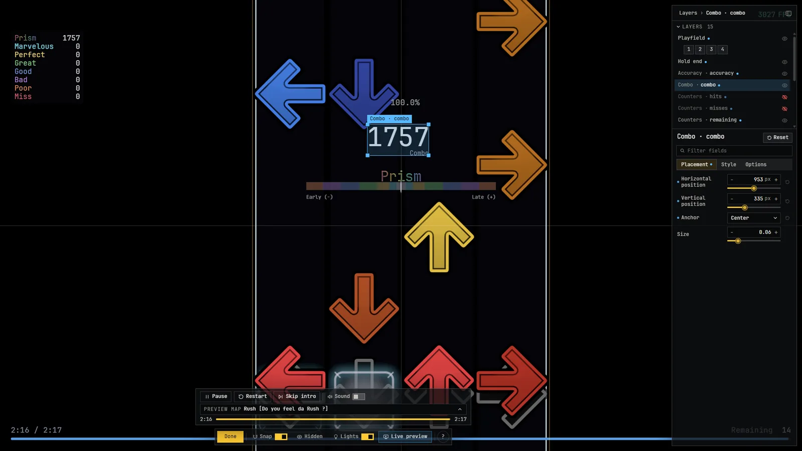 The skin editor with a live preview of the playfield