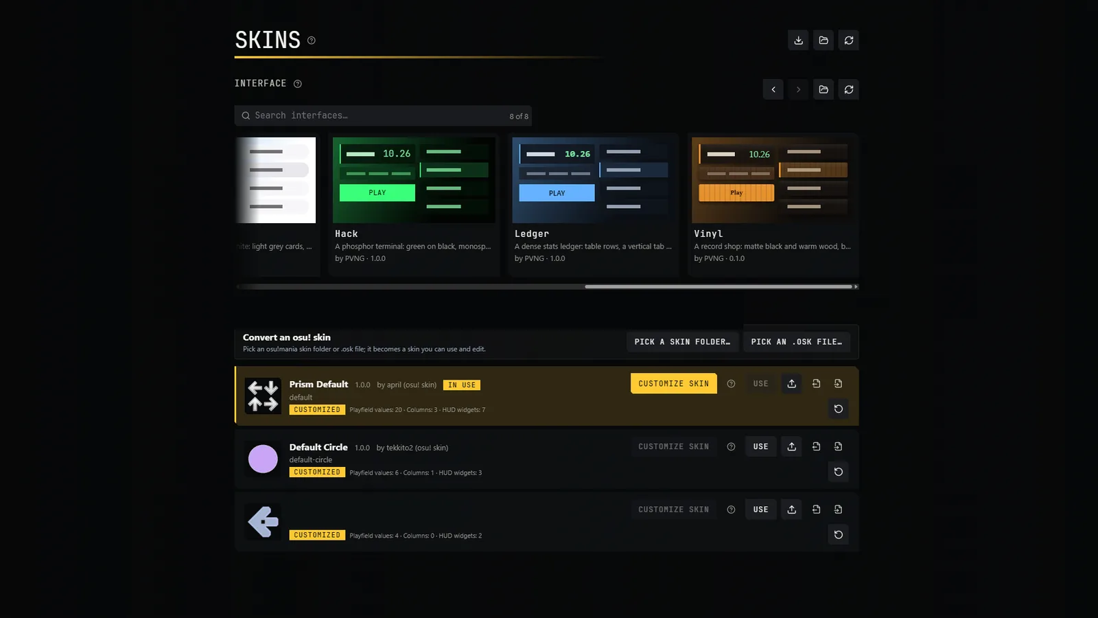 Skins page, Interface: theme cards Hack, Ledger and Vinyl, after scrolling the list