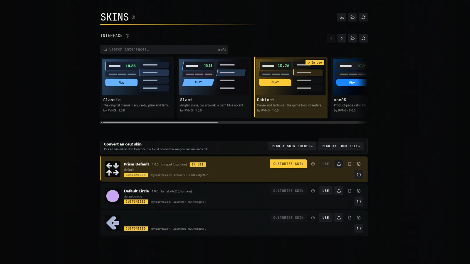 Skins page, Interface: theme cards Classic, Slant, Cabinet and macOS, "8 of 8"