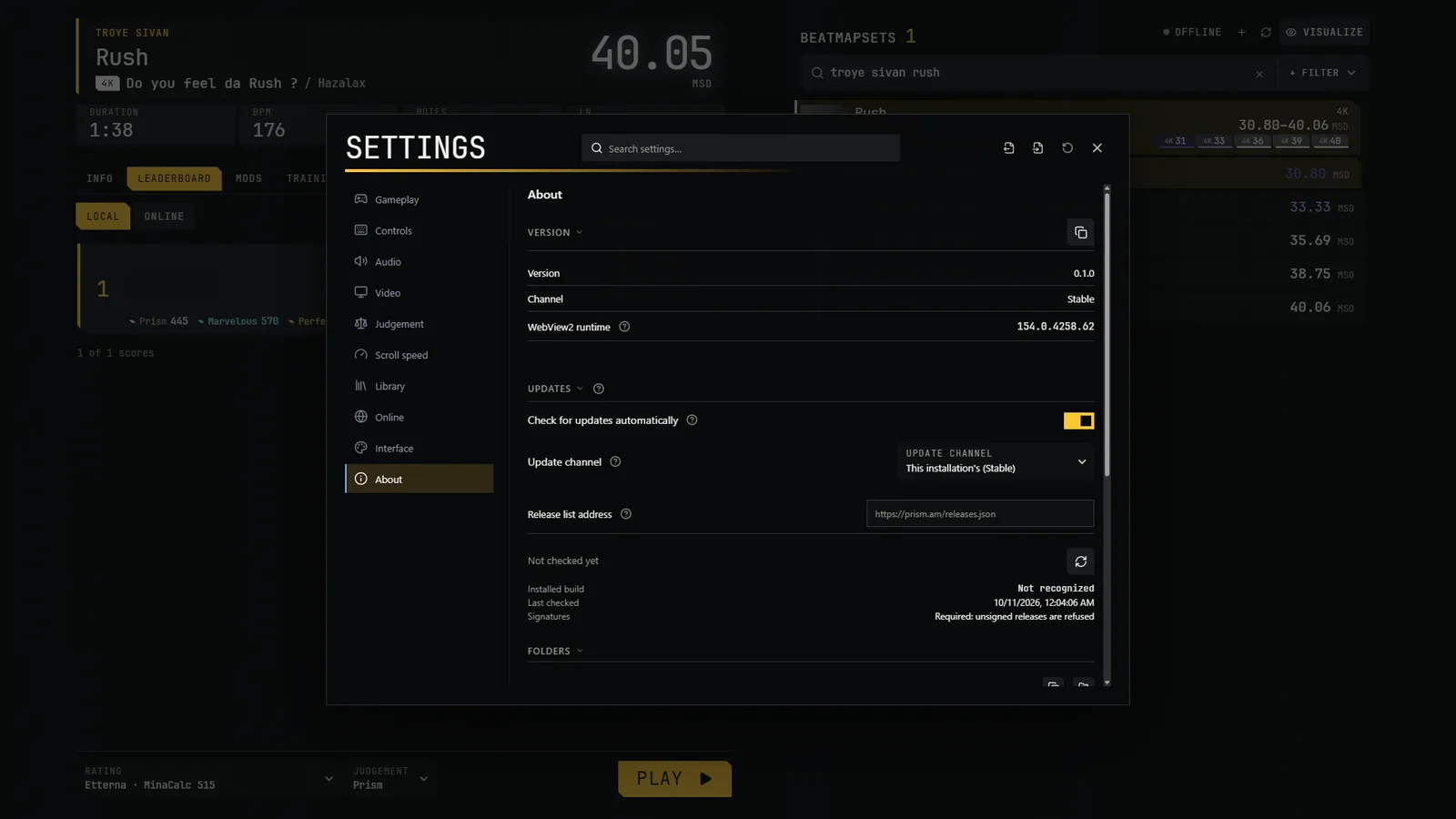 Settings, About, Updates: check, download and restart to update